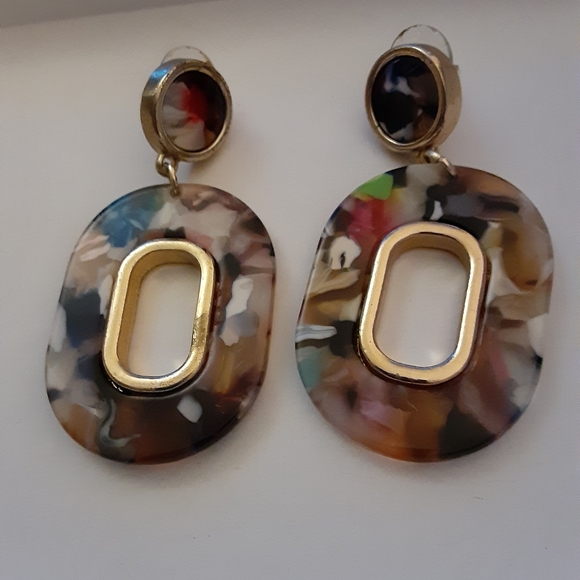 Resin Multicolor and Gold Tone Earrings - Picture 2 of 3